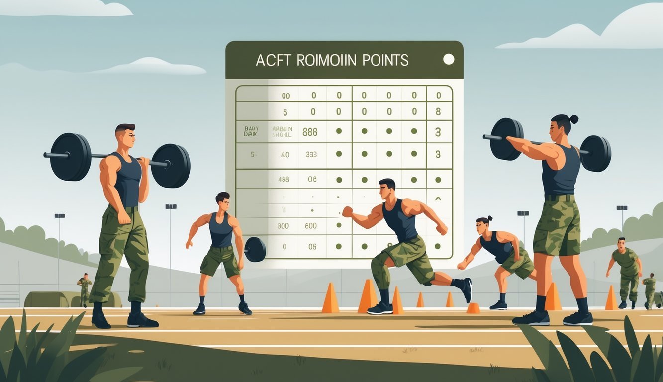 Soldiers in uniform performing various fitness exercises on a military training field with a scoreboard showing abstract promotion points in the background.