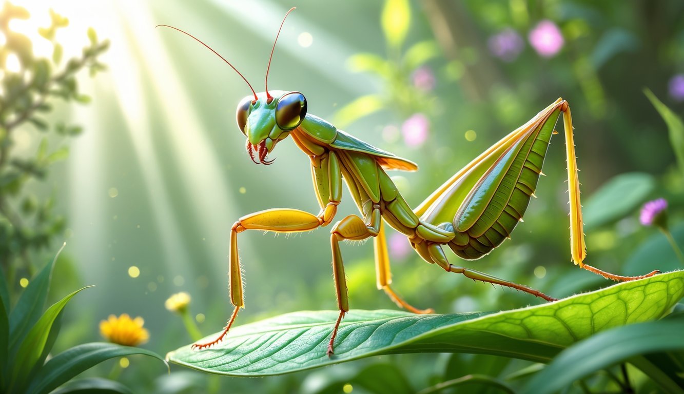 A praying mantis perched on a green leaf surrounded by sunlight and plants in a peaceful garden setting.