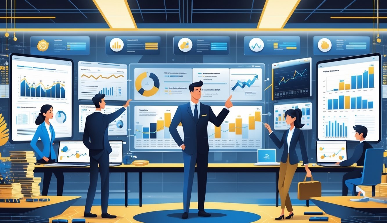A group of financial professionals in an office analyzing charts and data on large screens, with a manager explaining investment strategies using a digital board.