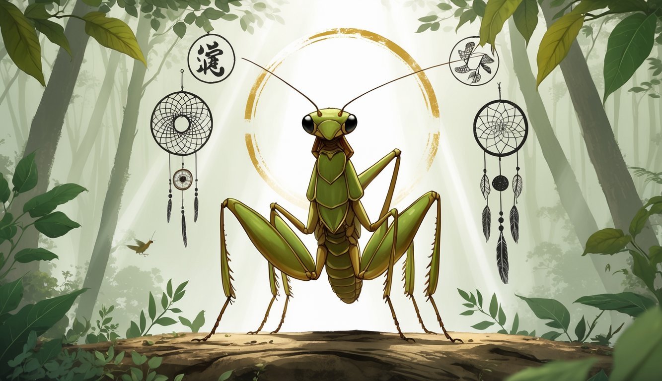 A detailed praying mantis shown from multiple angles surrounded by natural elements and cultural symbols representing wisdom, protection, transformation, and mindfulness.
