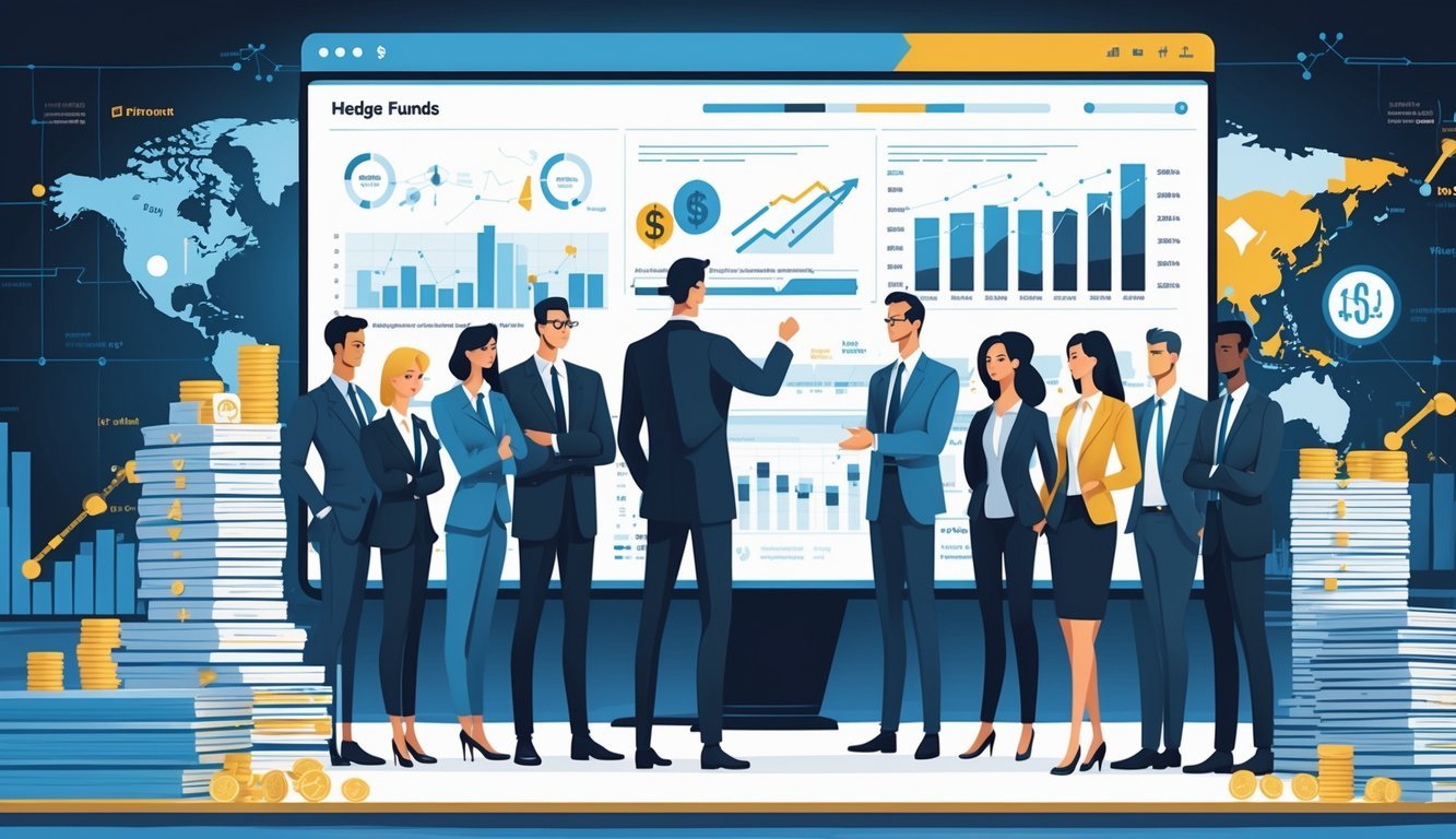 A group of financial professionals in a modern office analyzing charts and data on a large digital screen, surrounded by financial reports and a world map highlighting major financial centers.