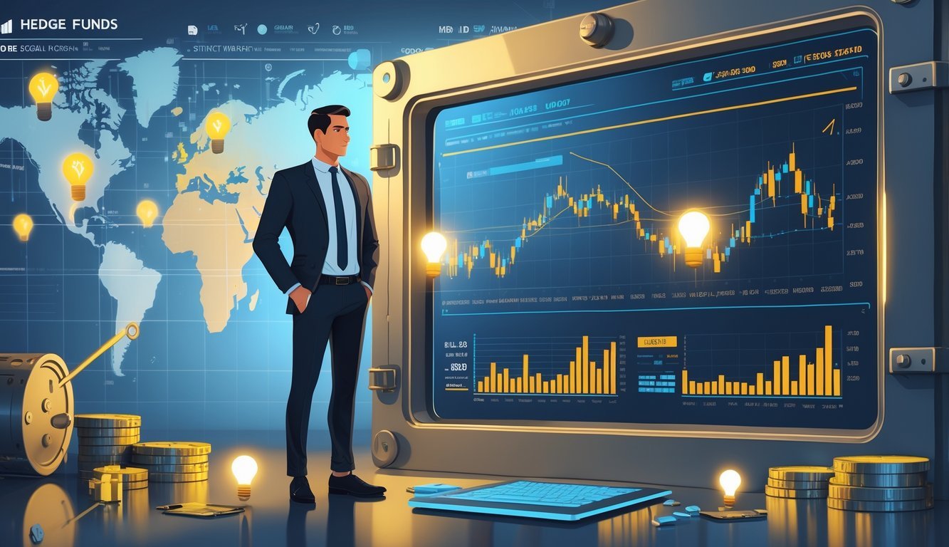 A business professional standing next to a large digital screen showing financial charts and data, with symbols representing secrecy and global markets in the background.