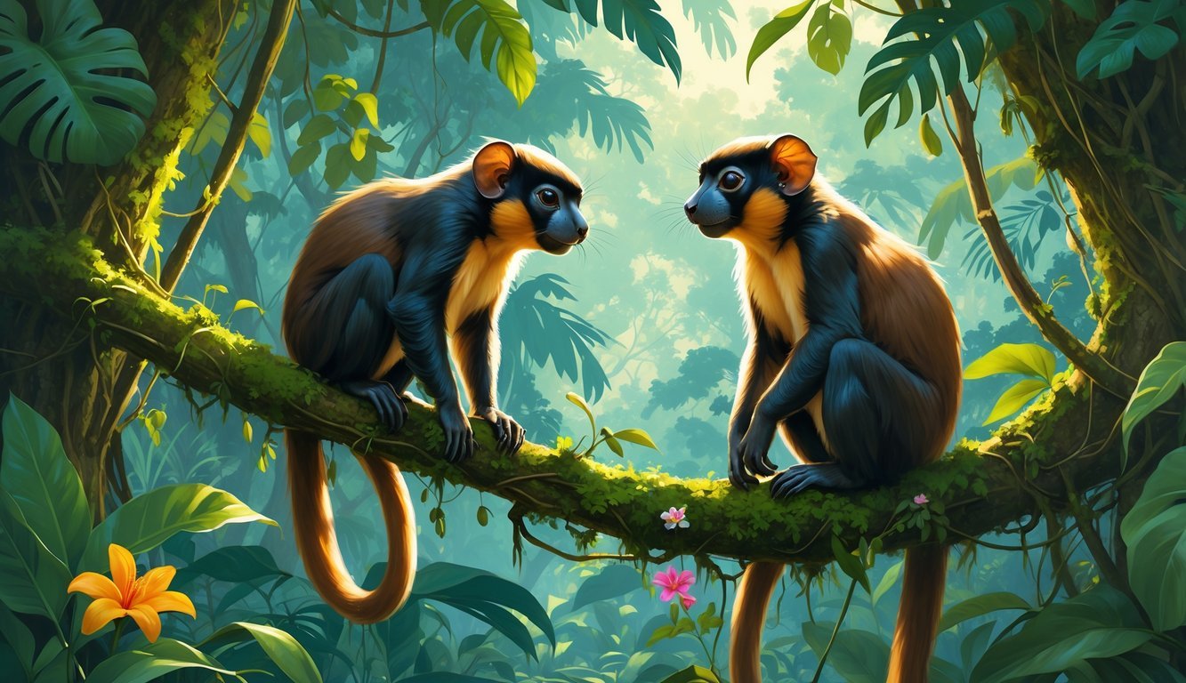 Two tamarins perched on branches in a rainforest, one making a vocalization while the other listens, surrounded by dense green foliage and sunlight.