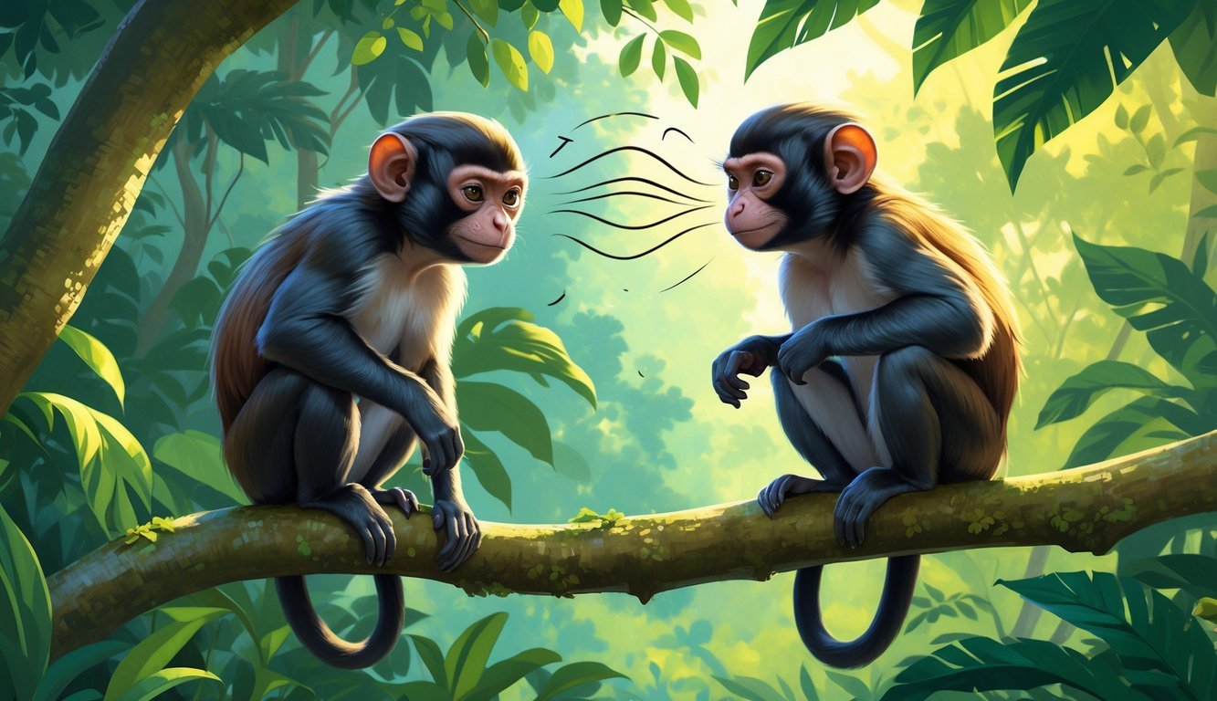 A small tamarin monkey on a tree branch shown in two moods: tense and defensive on one side, calm and relaxed on the other, surrounded by jungle foliage.