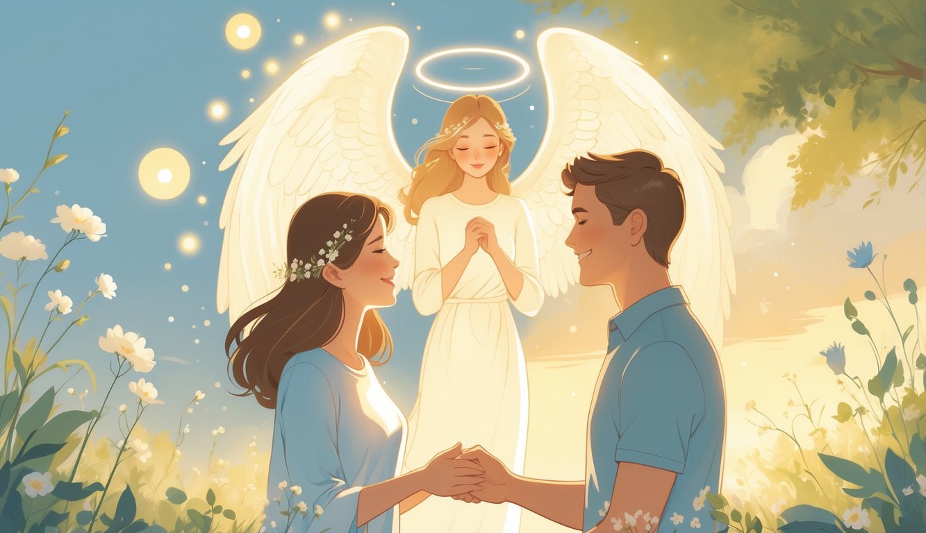 An angelic figure hovering above a couple holding hands in a peaceful natural setting with soft light and flowers.