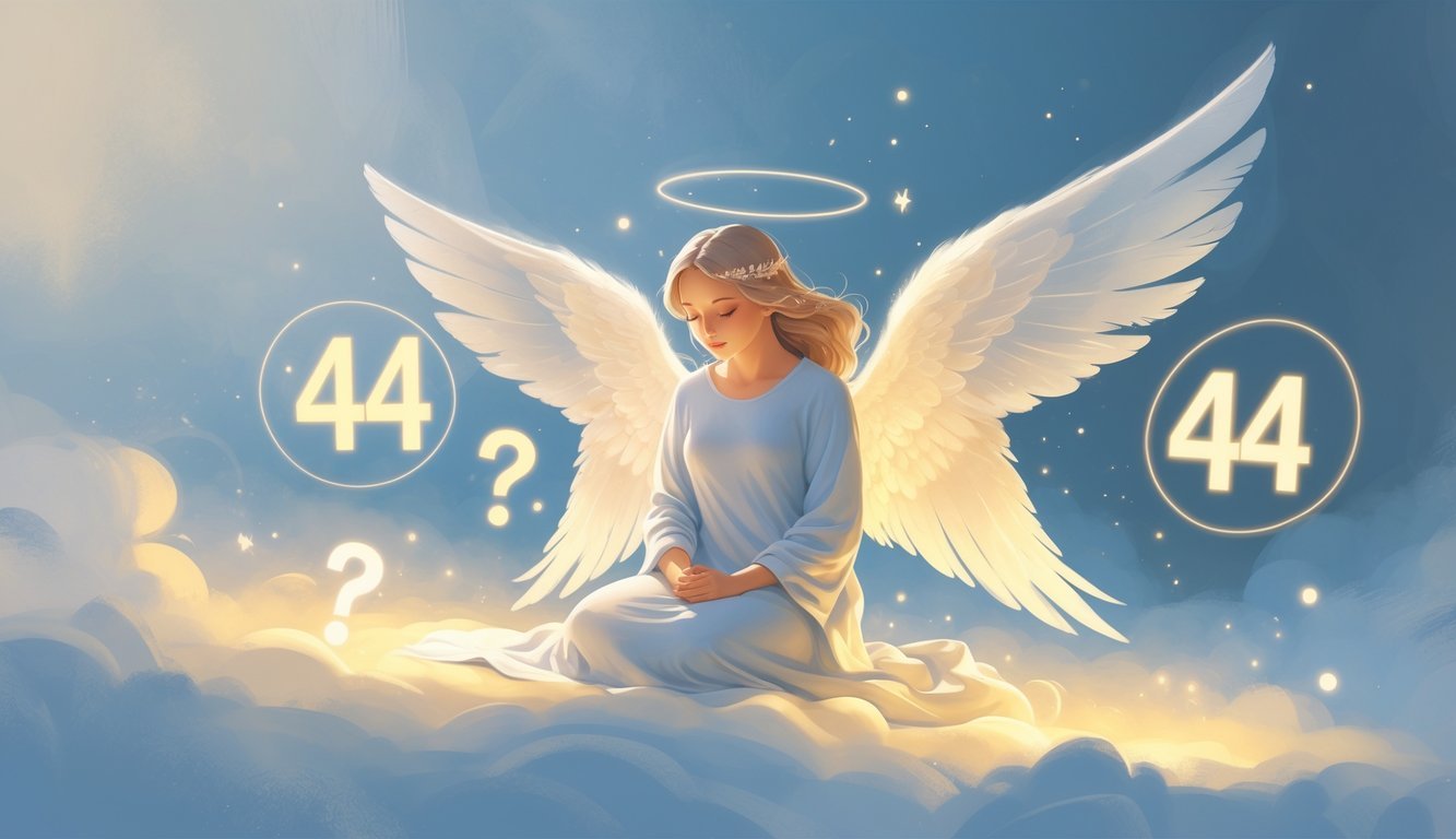 An angel with glowing wings surrounded by soft light and floating glowing orbs representing the number 414, with subtle light question marks around, set against a calm blue and white background.