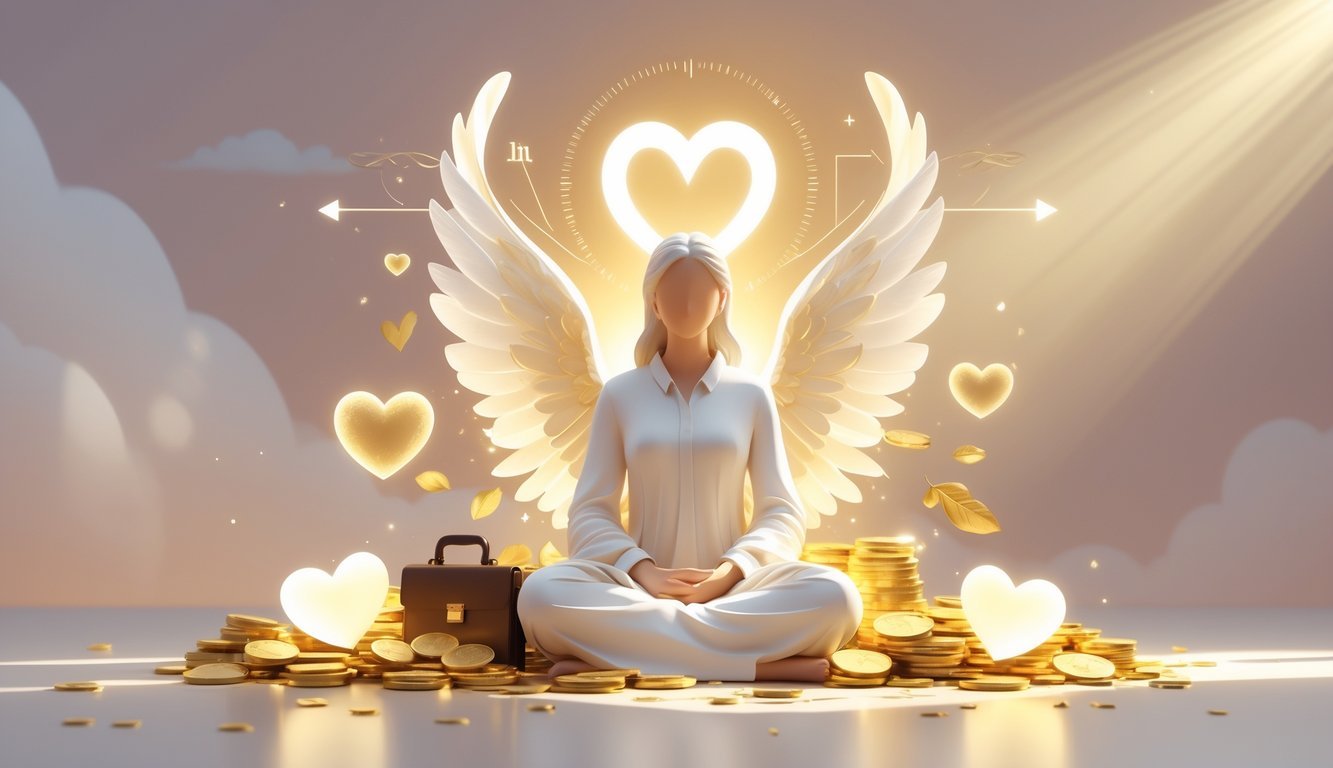 A radiant figure surrounded by glowing symbols of love, career growth, and abundance, set against a warm, light-filled background.