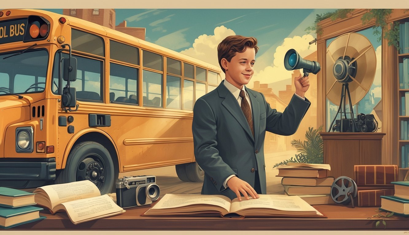 A young Tom Hanks in a small town setting with childhood and acting elements, transitioning to a teenage Tom practicing on stage, with movie and Hollywood symbols in the background.