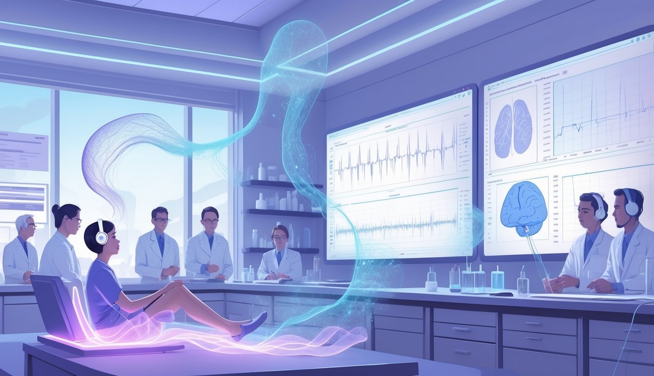 A person wearing headphones experiences a tingling sensation while scientists observe brain activity and data in a research laboratory.