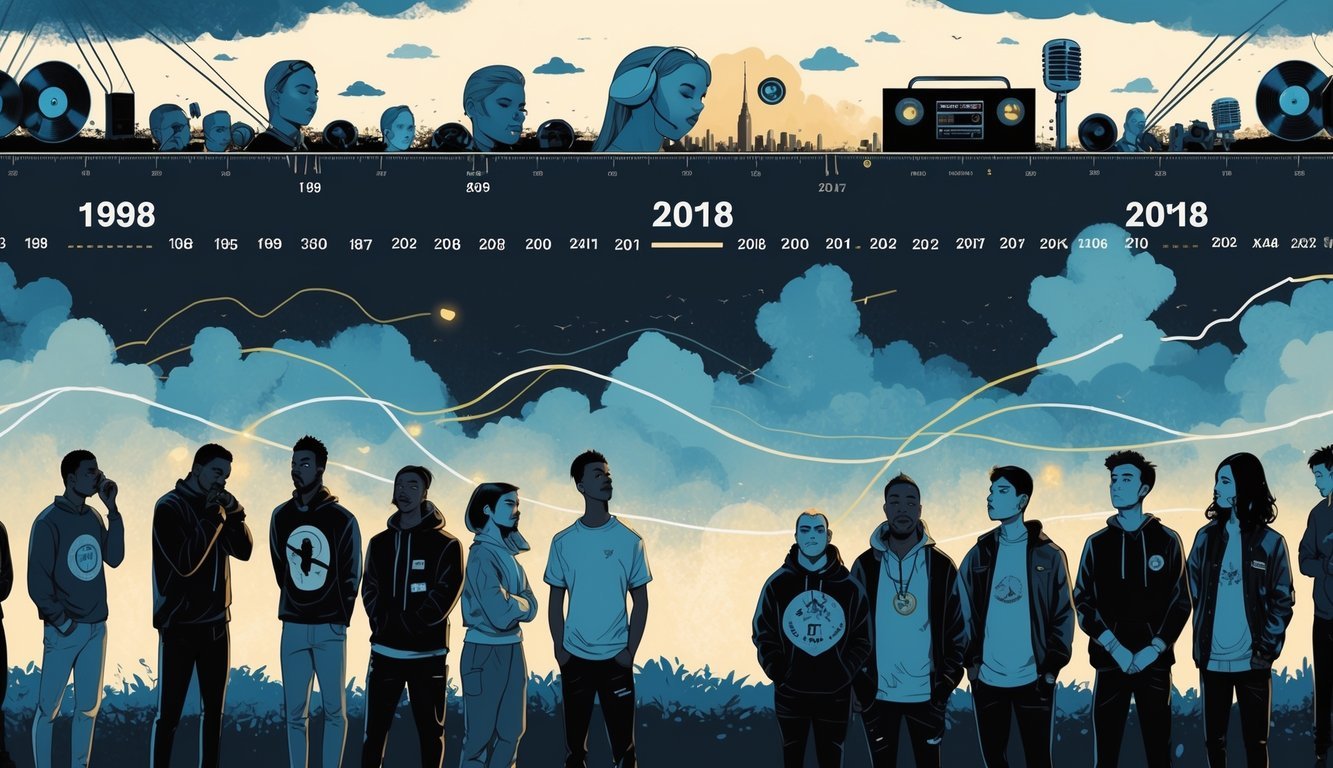 A diverse group of people reflecting thoughtfully with symbols of rap music and abstract imagery representing mental health struggles and hope over a timeline background.