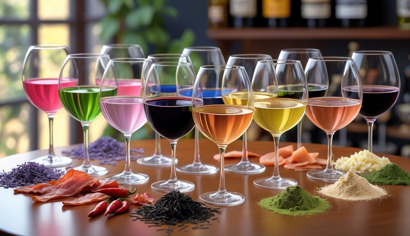 A table with ten wine glasses, each containing a different unusual wine flavor, surrounded by ingredients like lavender, chili peppers, blue cheese, bacon, seaweed, black garlic, rose petals, smoked salmon, truffles, and matcha.
