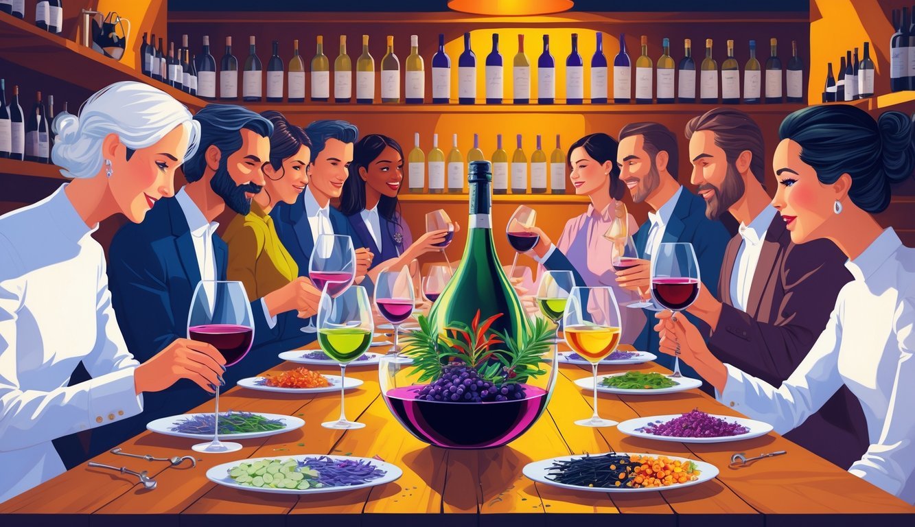 A wine tasting event with people sampling and discussing ten unusual wines displayed on a wooden table, surrounded by ingredients representing unique flavors.