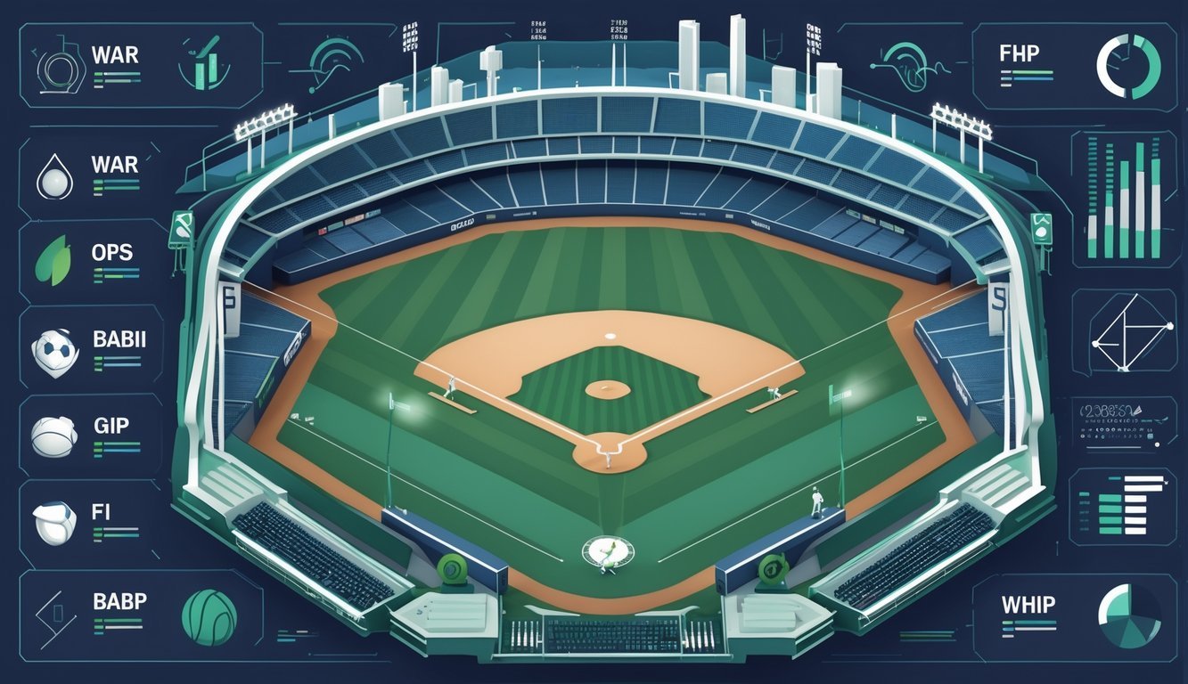 A detailed illustration of a baseball field surrounded by icons and graphics representing advanced baseball statistics.