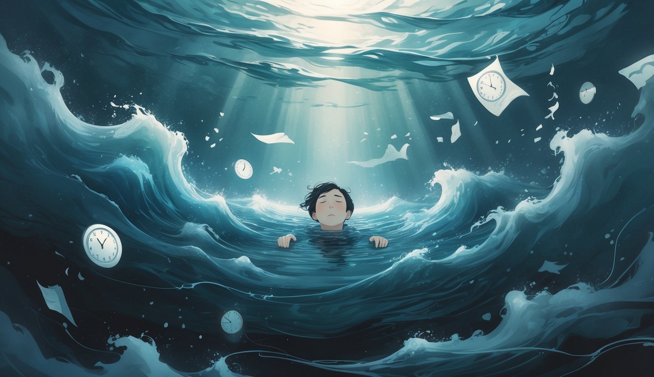 A person submerged underwater surrounded by swirling waves and faint abstract shapes representing emotions and memories.