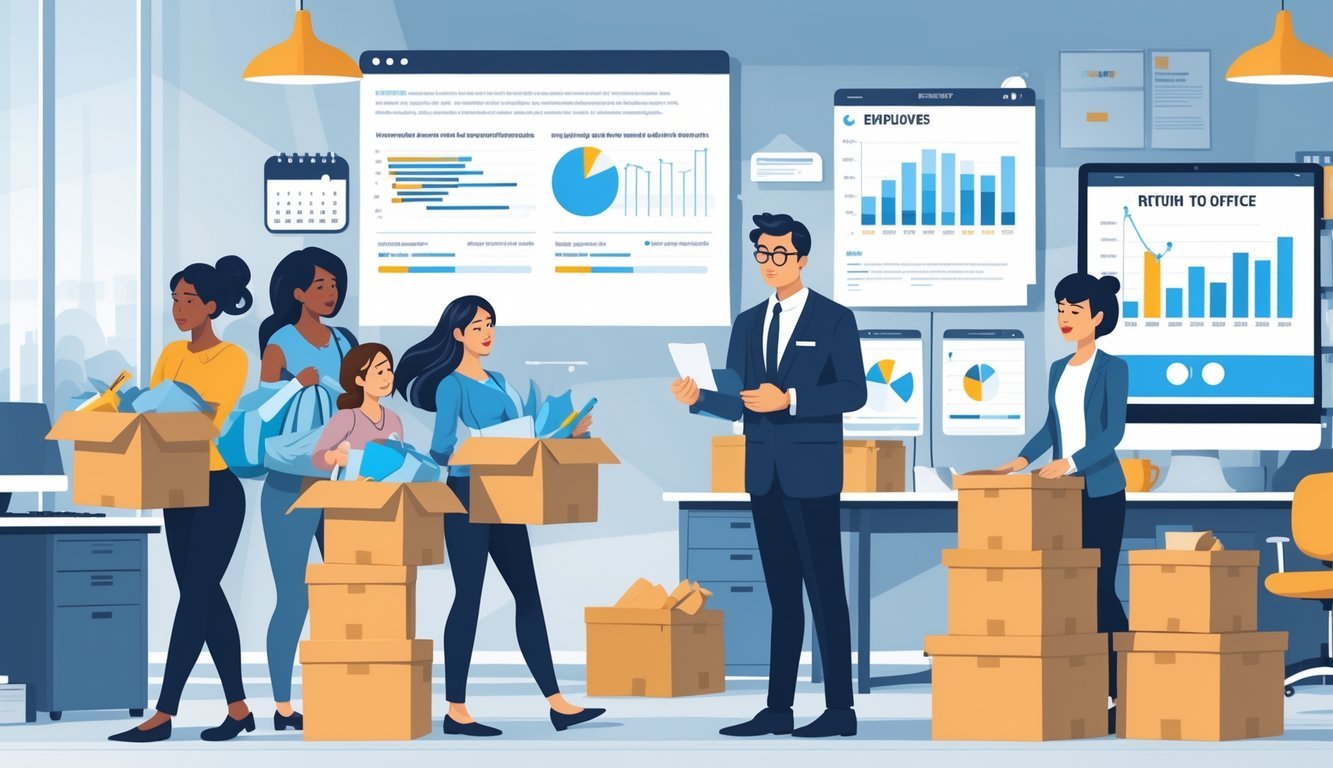 Office scene showing employees packing boxes to leave while a manager reviews charts about employee turnover and empty desks highlight reduced office attendance.