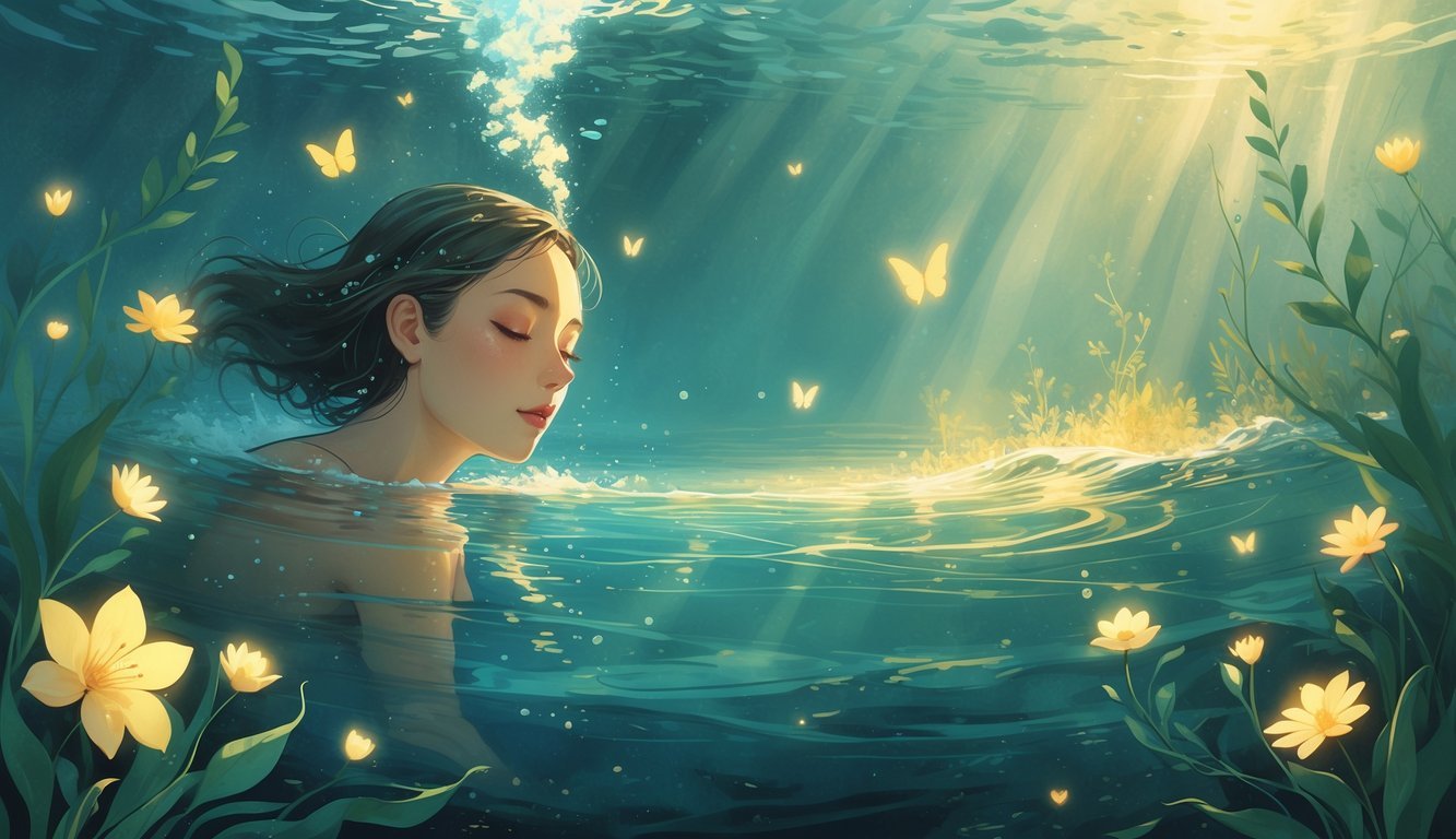 A calm person partially underwater surrounded by glowing butterflies and blooming flowers, with light filtering through water symbolizing growth and transformation.
