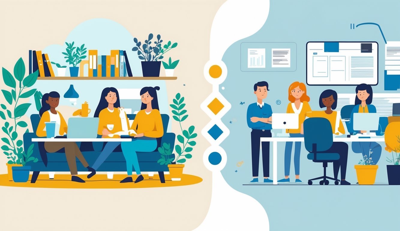 A scene showing employees working from home on one side and a traditional office on the other, highlighting a choice between remote work and office return.