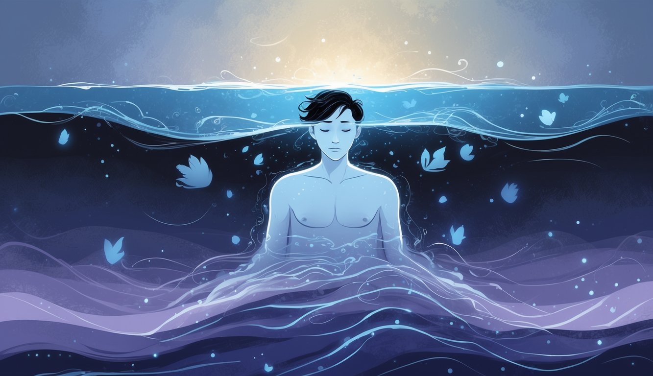 A person partially submerged in water with swirling patterns and soft lights around them, symbolizing emotional depth and introspection.