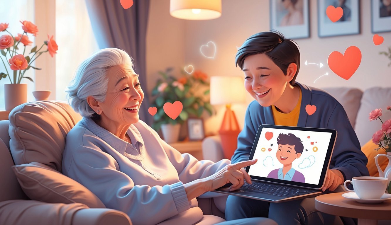 An elderly person smiling while having a video call with a younger companion on a tablet in a cozy living room.