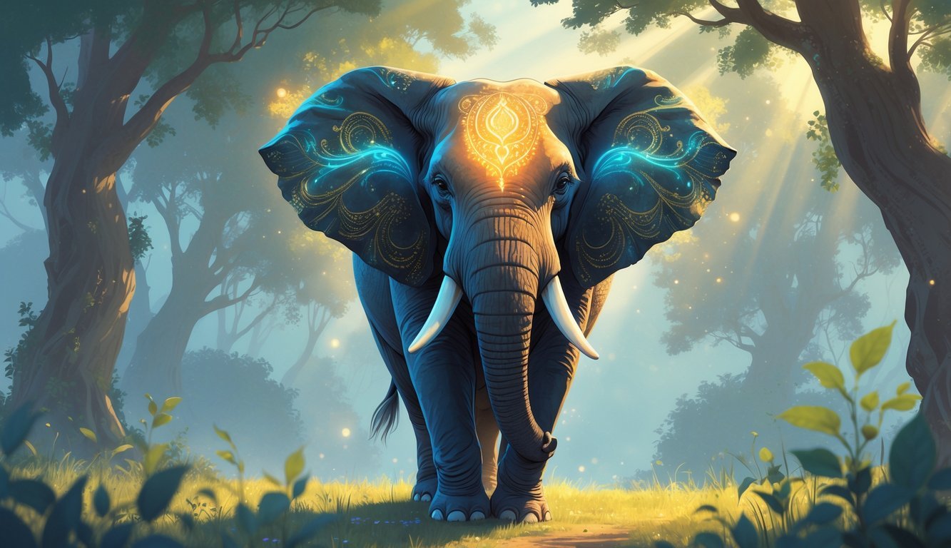 A majestic elephant with glowing patterns stands calmly in a peaceful forest with sunlight filtering through the trees.