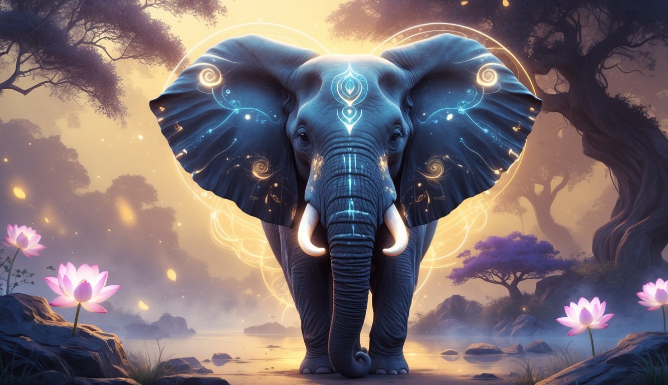 A majestic elephant with calm eyes surrounded by glowing patterns, lotus flowers, mist, and ancient trees at dawn.