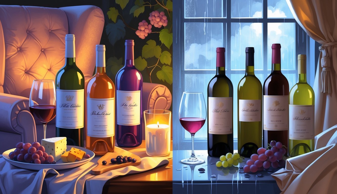A split scene showing five inviting wine bottles with glasses and cozy elements on one side, and five less appealing wine bottles with spilled glasses and somber details like wilted flowers and a rain-streaked window on the other.