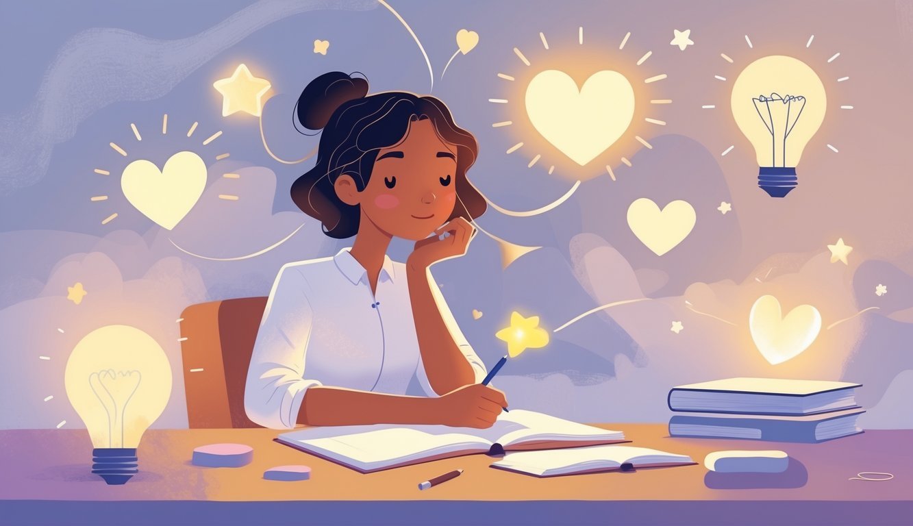 A person sitting at a desk writing in a notebook, surrounded by glowing symbols representing positive thoughts.