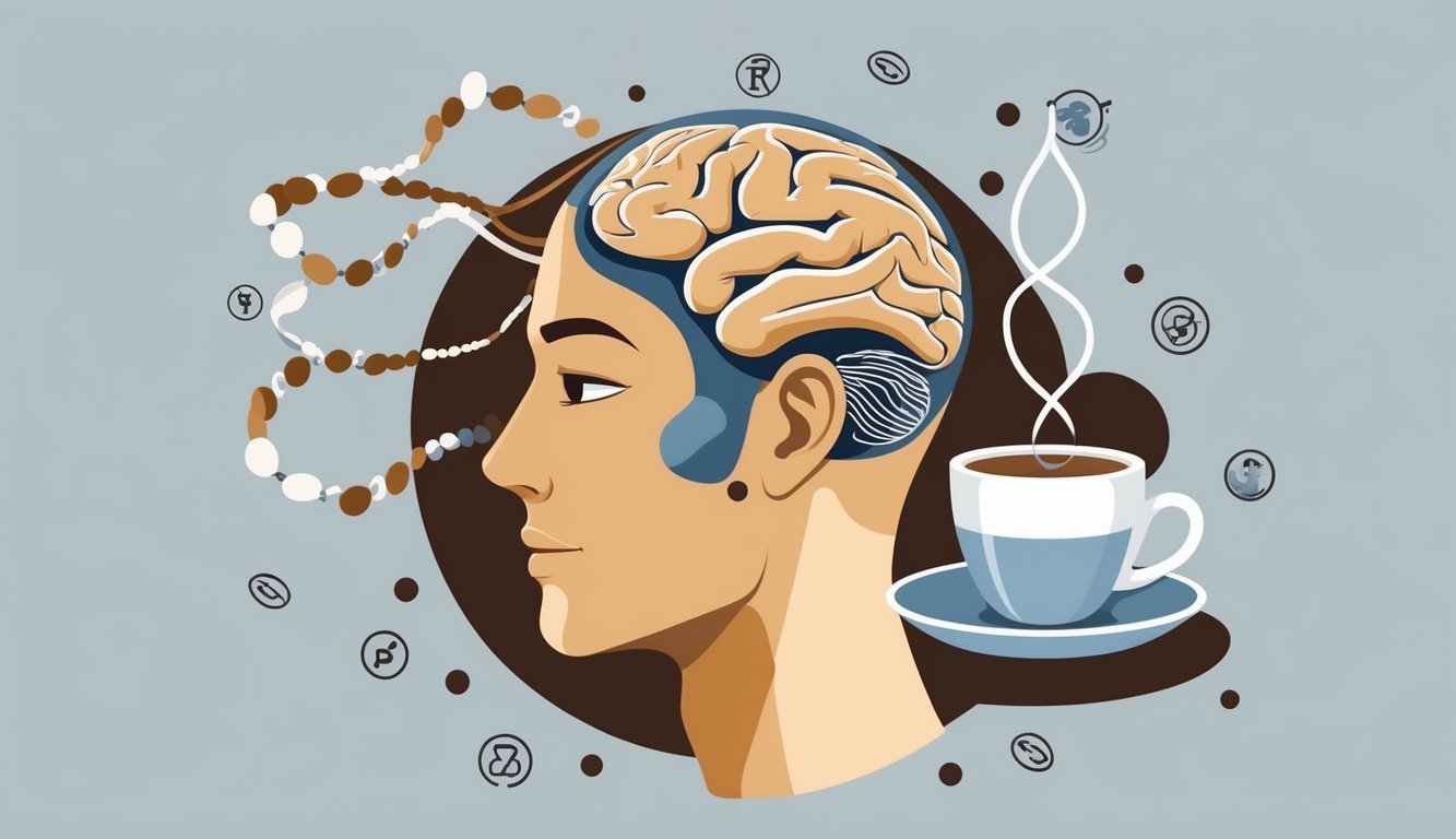 Illustration of a human head with a brain connected to DNA strands and a steaming cup of coffee nearby, symbolizing genetic influence on coffee preference.