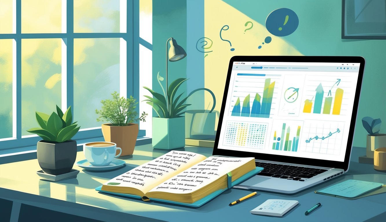 A calm workspace with a notebook, plant, tea cup, and laptop on a desk near a window, with abstract shapes suggesting questions and positivity in the background.