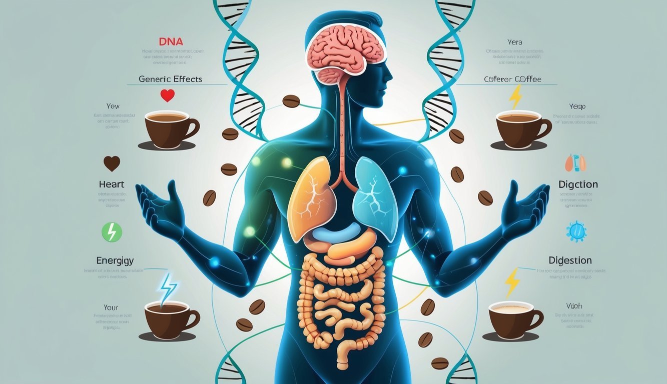 A human figure with visible brain and digestive system, surrounded by DNA strands, coffee cups, and icons representing health effects like heartbeat and energy.