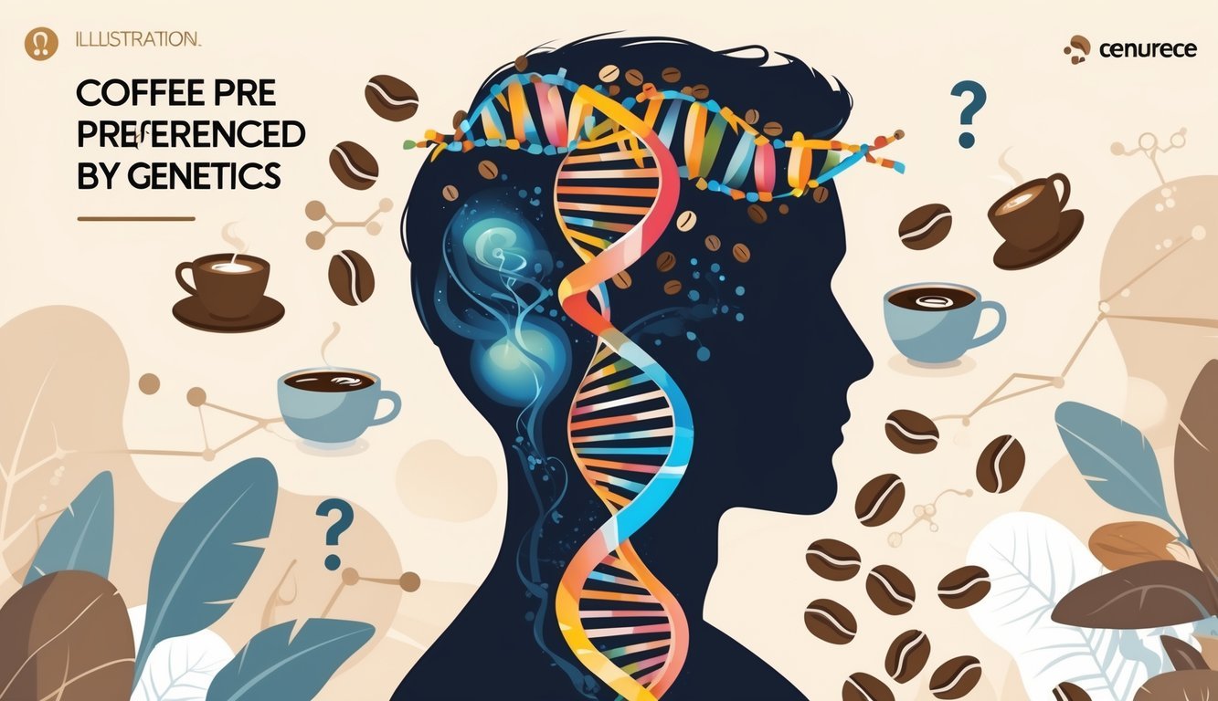 A human head silhouette with a DNA strand inside that blends into coffee beans and cups, surrounded by coffee variety icons and scientific symbols.