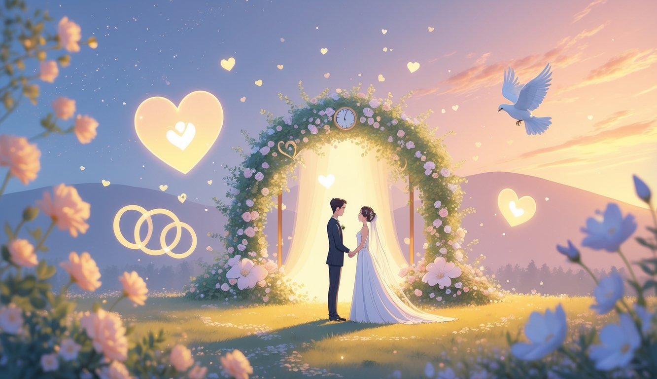 A bride and groom standing in a glowing garden at twilight surrounded by floating symbols like rings, flowers, and hearts, with dreamlike images of a clock, dove, and pathway in the background.
