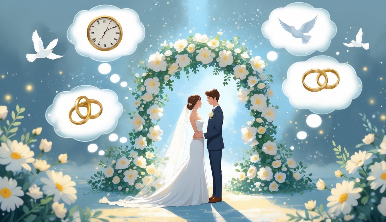 A bride and groom stand under a floral arch surrounded by glowing thought bubbles with wedding symbols like rings, a clock, a dove, and a path leading to a bright horizon.