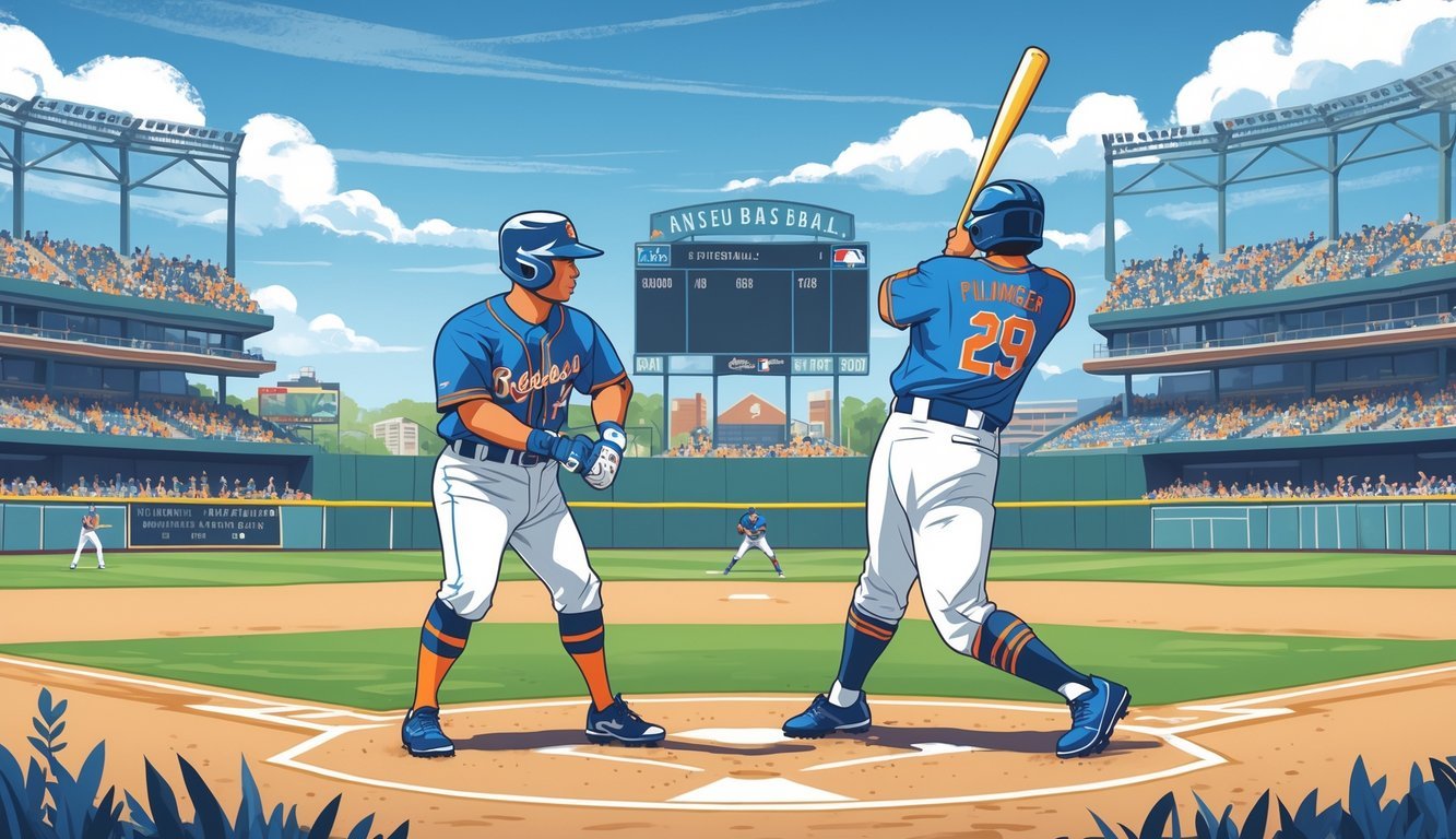 A baseball batter stands ready to hit while the pitcher prepares to throw in a stadium filled with fans.