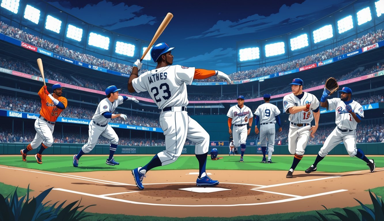 A baseball stadium with players batting, running, and fielding during a game filled with cheering fans.