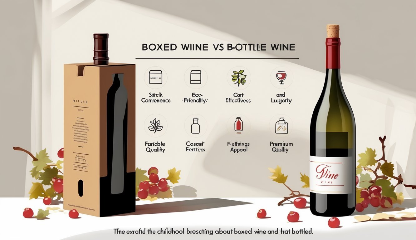 Side-by-side comparison of a boxed wine container and a bottled wine, each surrounded by icons representing their advantages.