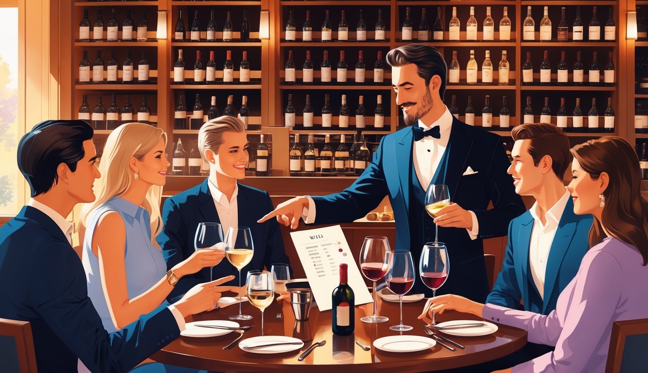 A sommelier guides guests at a restaurant table as they choose wines from a wine list, surrounded by wine bottles and tasting accessories.
