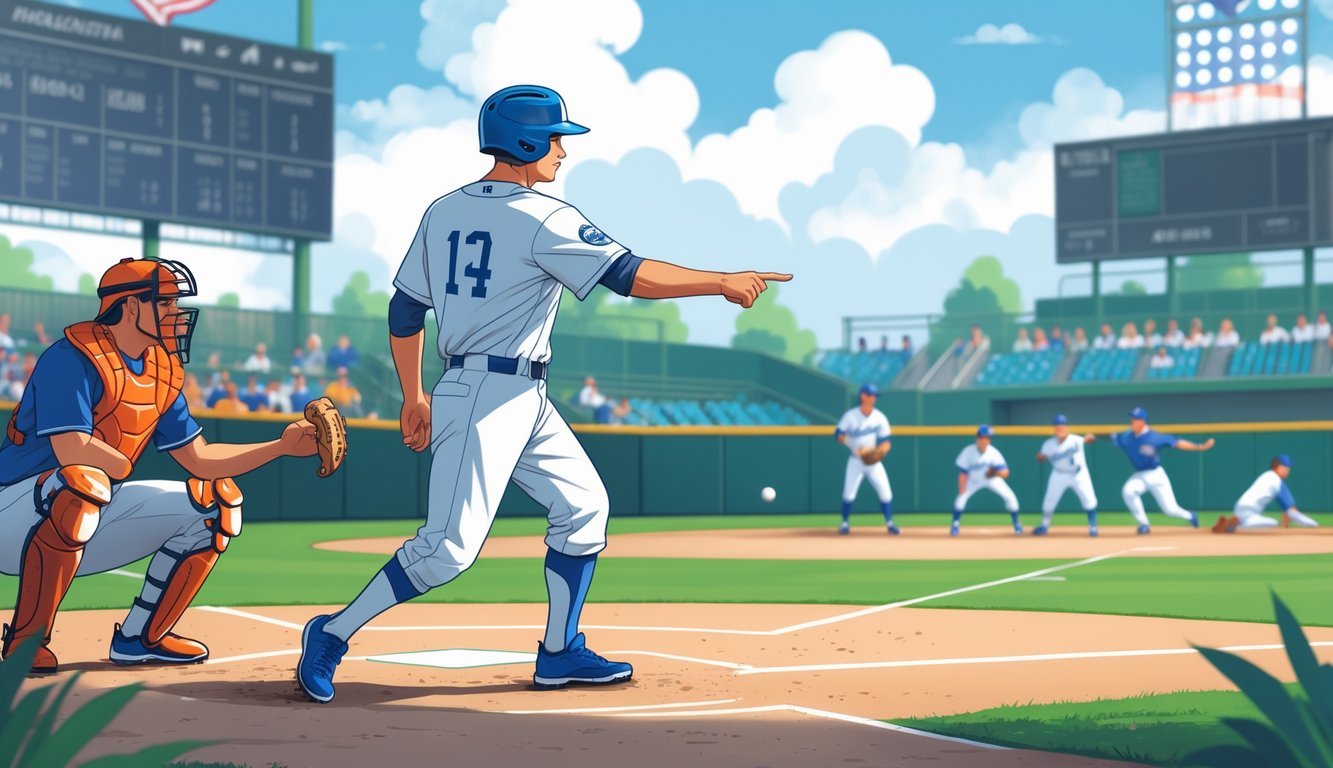 A baseball batter in uniform stands ready to hit while a coach points towards him on a baseball field with a pitcher and teammates watching.