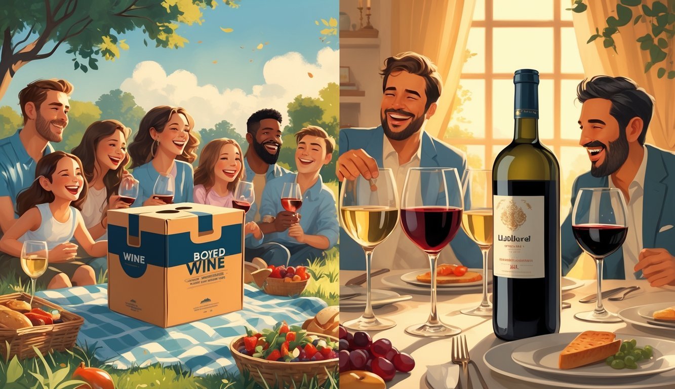 A scene showing a boxed wine being enjoyed casually outdoors with friends and a bottled wine set on a formal dining table, with a nostalgic childhood memory in the background.