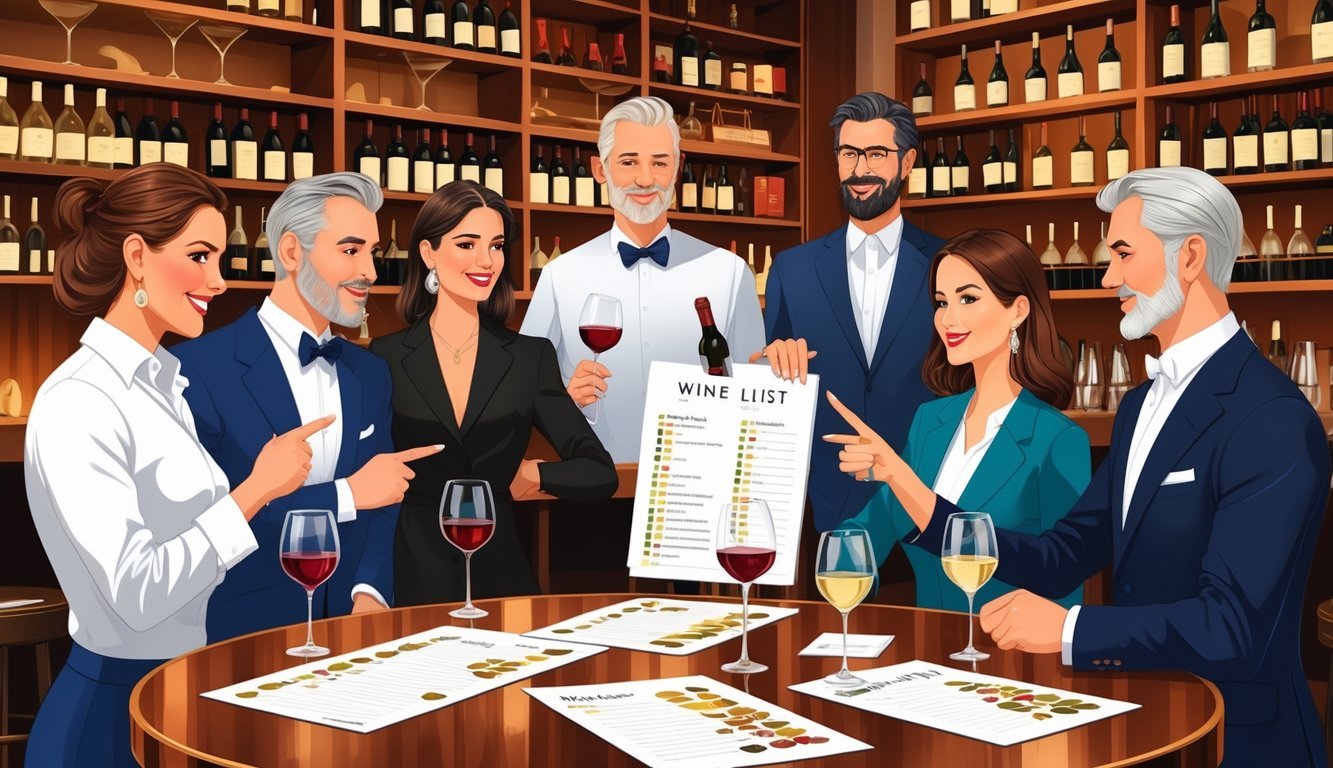 A group of seven wine experts gathered around a table in a wine bar, discussing and tasting wine together.