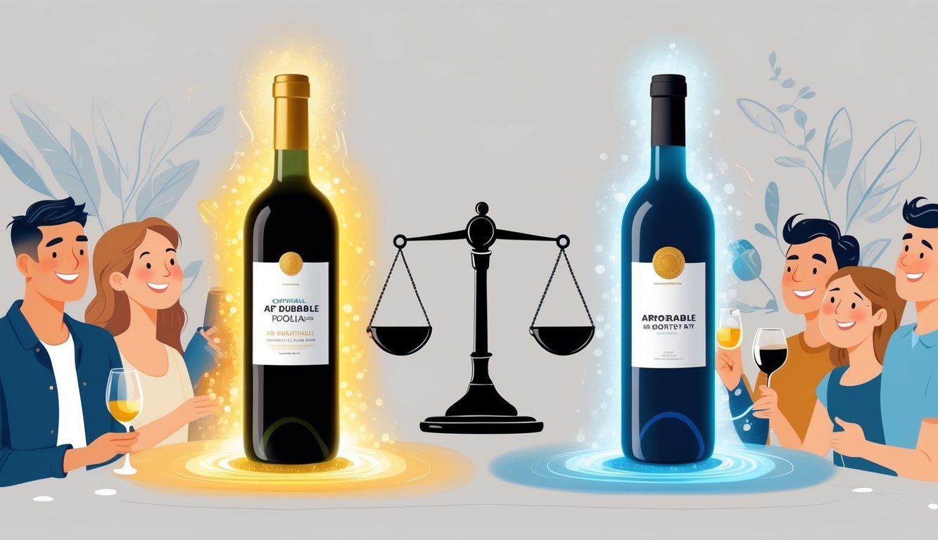 Two bottles of wine side by side with people enjoying the affordable one and looking unsure about the expensive one, with a scale tipping in favor of the affordable bottle.