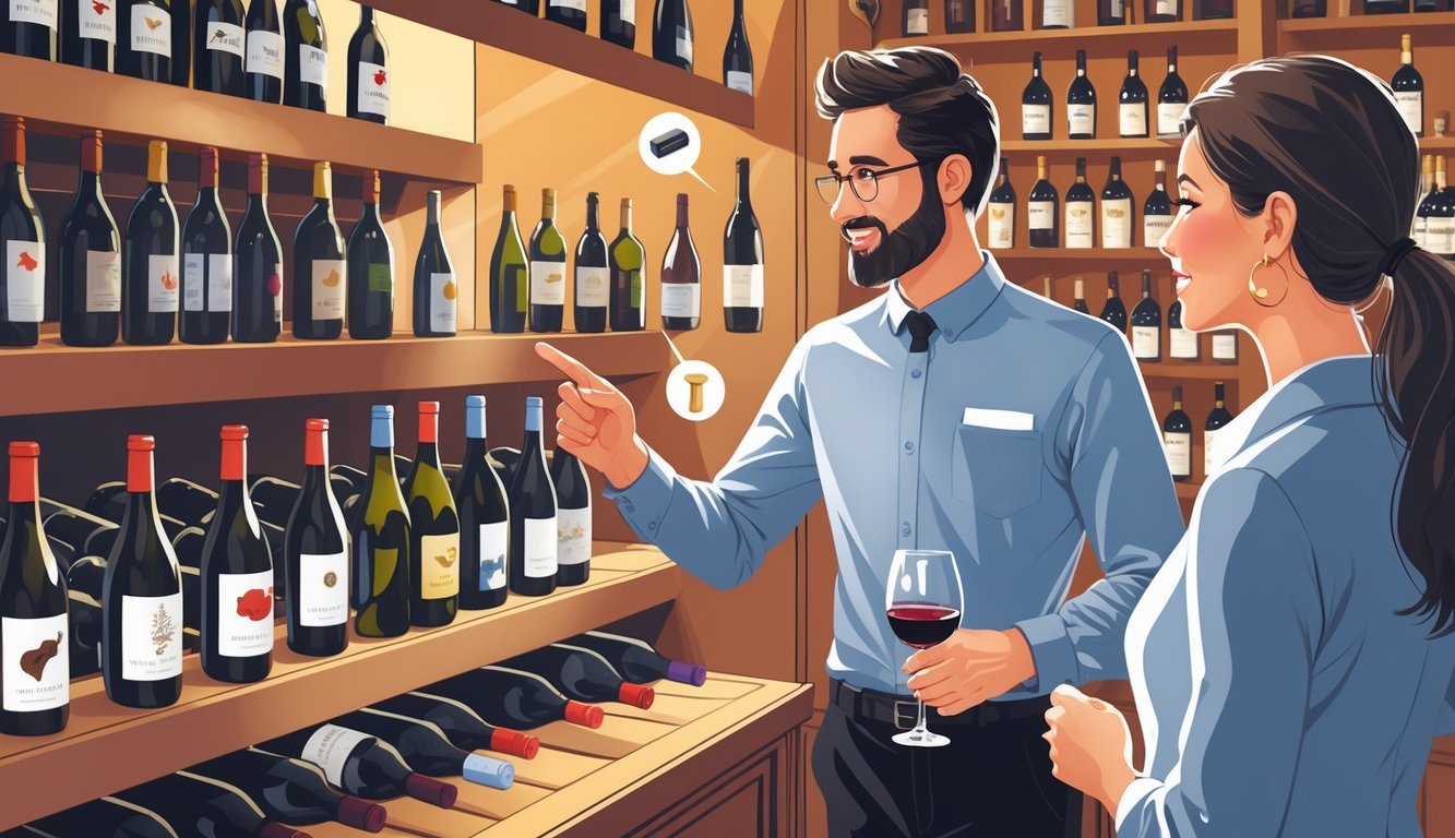 A sommelier guides a customer in a wine store, showing different wine bottles on shelves and helping them avoid common buying mistakes.