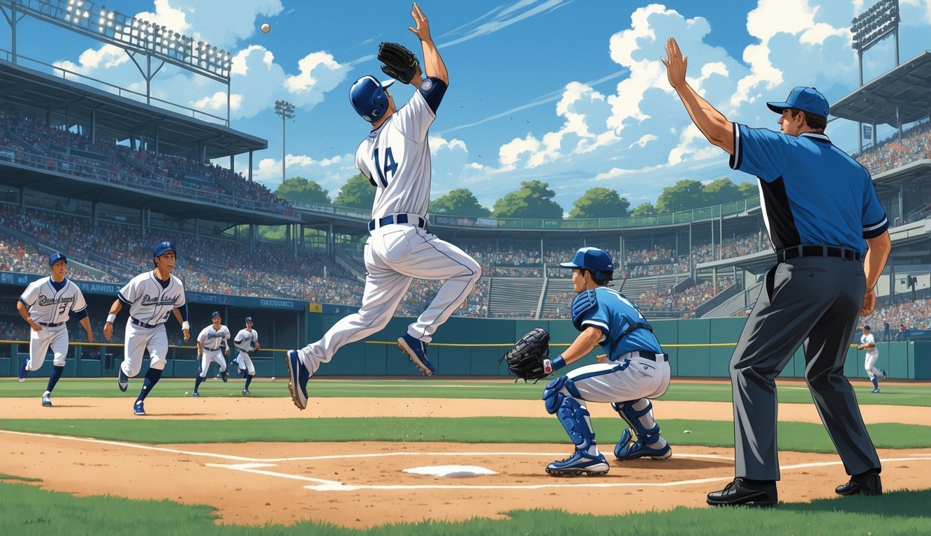 A baseball infielder jumps to catch a pop-up ball with runners on base and an umpire signaling the infield fly rule during a tense game moment.