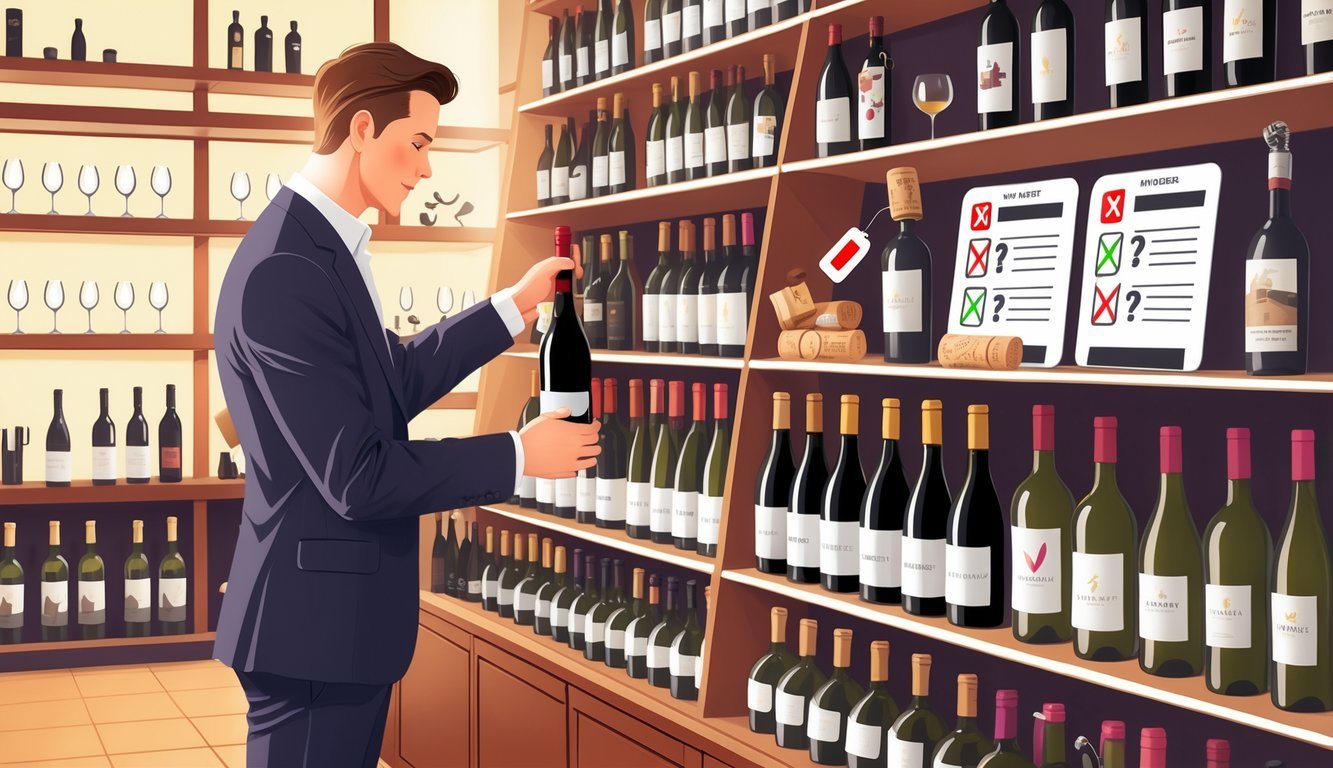 A person selecting a bottle of wine from shelves in a wine shop, with visual hints of common wine buying mistakes around them.