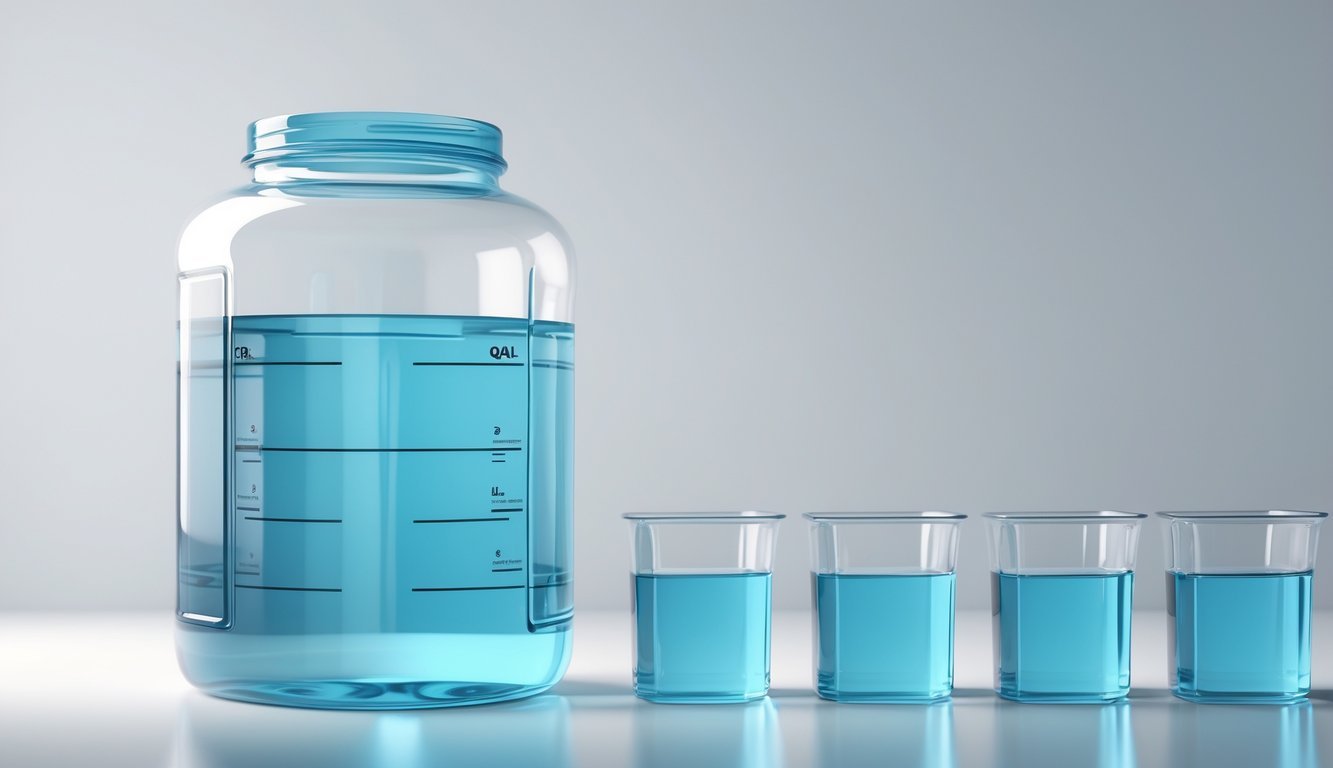 A large gallon container filled with liquid next to four smaller quart containers also filled, illustrating that four quarts equal one gallon.