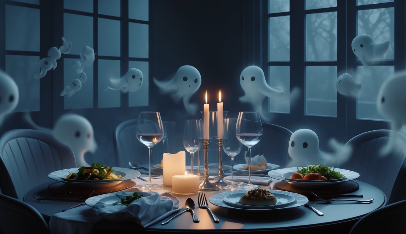 A dimly lit elegant dining table with wine glasses and gourmet food, subtly overlaid with ghostly shapes representing hidden chemical additives.
