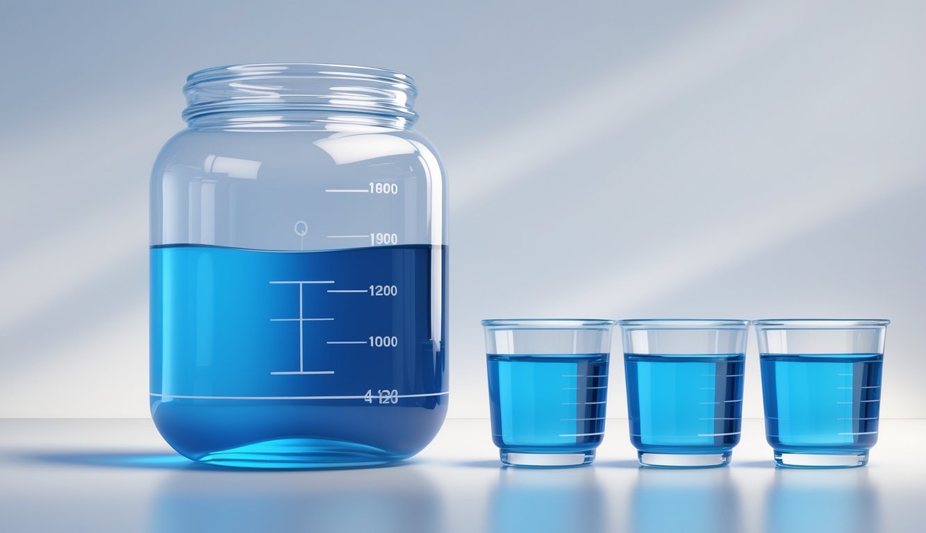 A large gallon container filled with blue liquid next to four smaller quart containers also filled with blue liquid, illustrating that four quarts equal one gallon.