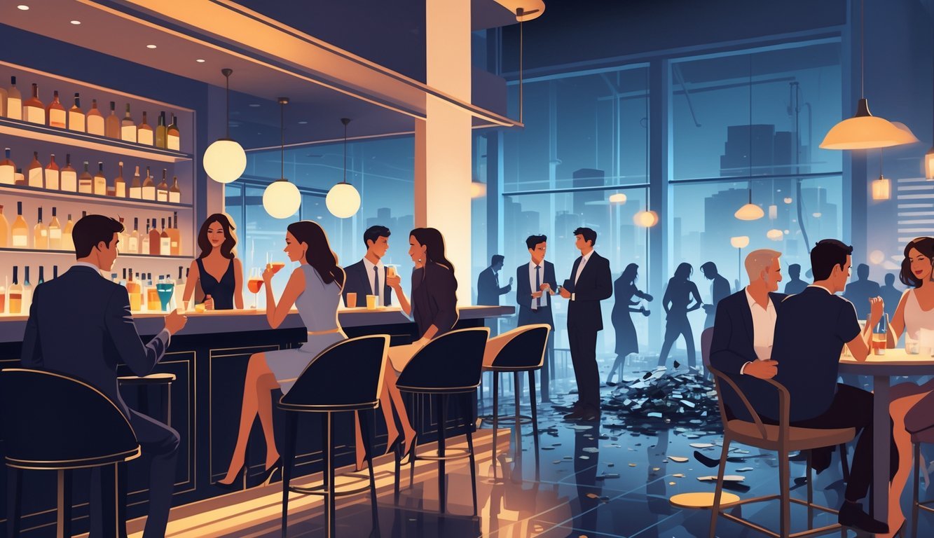 A group of well-dressed friends enjoying cocktails in an elegant lounge, with a contrasting chaotic party scene in the background showing spilled drinks and disorder.