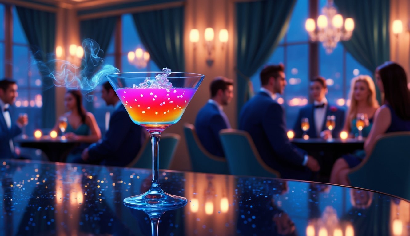 An elegant evening party with guests enjoying drinks, focusing on a cocktail glass containing suspicious particles, suggesting hidden additives in the drink.