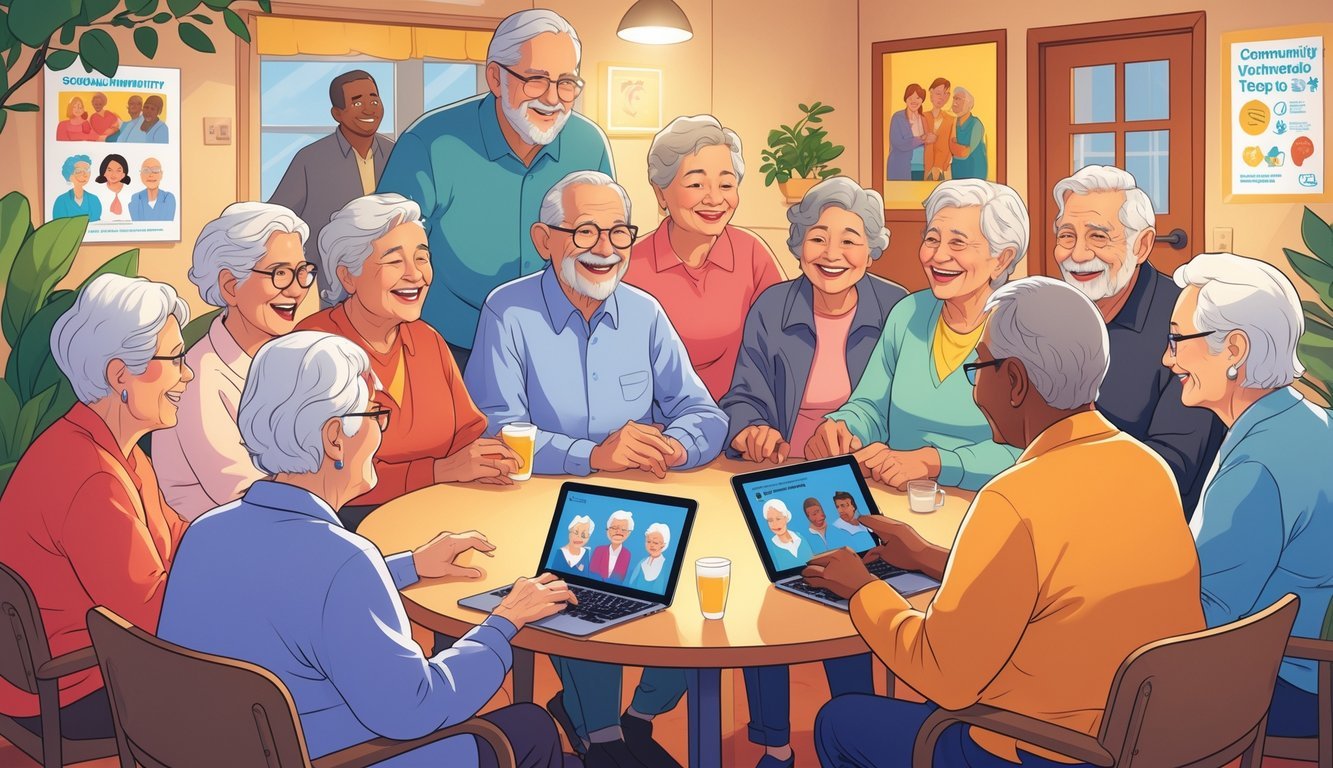 Older adults interacting in a community center, some talking in a group while others use tablets and laptops to connect with others.